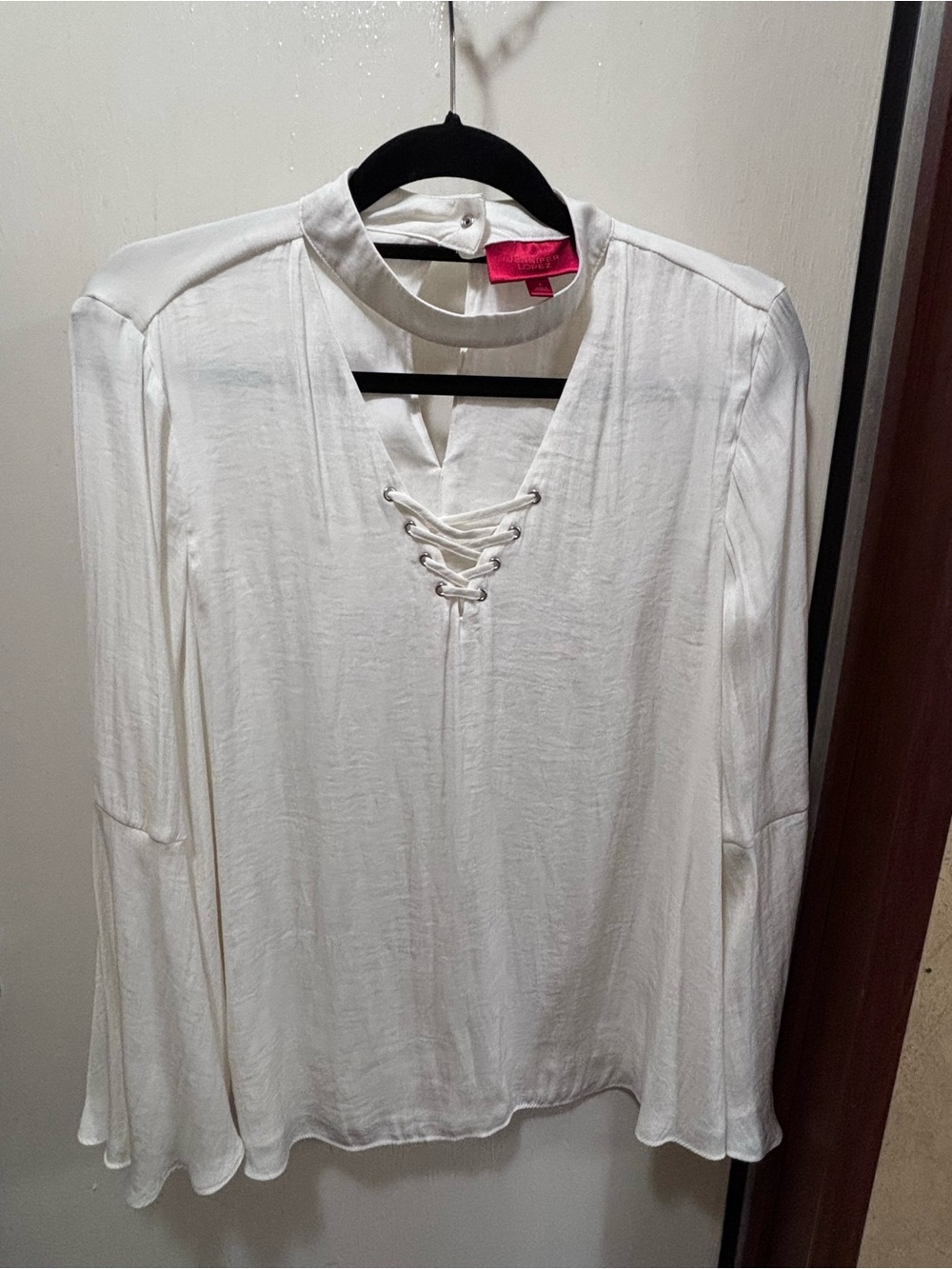 Jennifer Lopez Cream Lace-Up V-Neck Choker Blouse